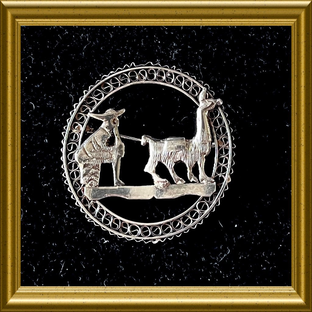 Oude zilveren broche uit Peru, man met lama, Ophalen of Verzenden, Zilver, Broche