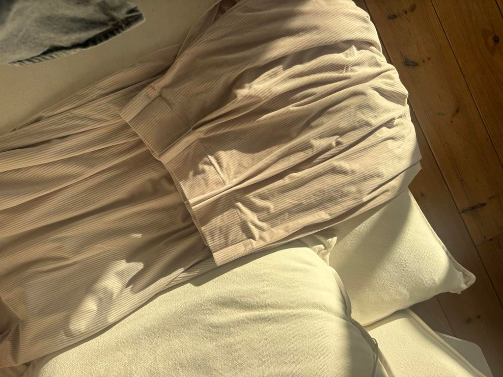 Een paar ribfluweel gordijnen beige lichtgrijs, Ophalen, Gebruikt, 100 tot 150 cm, 200 cm of meer