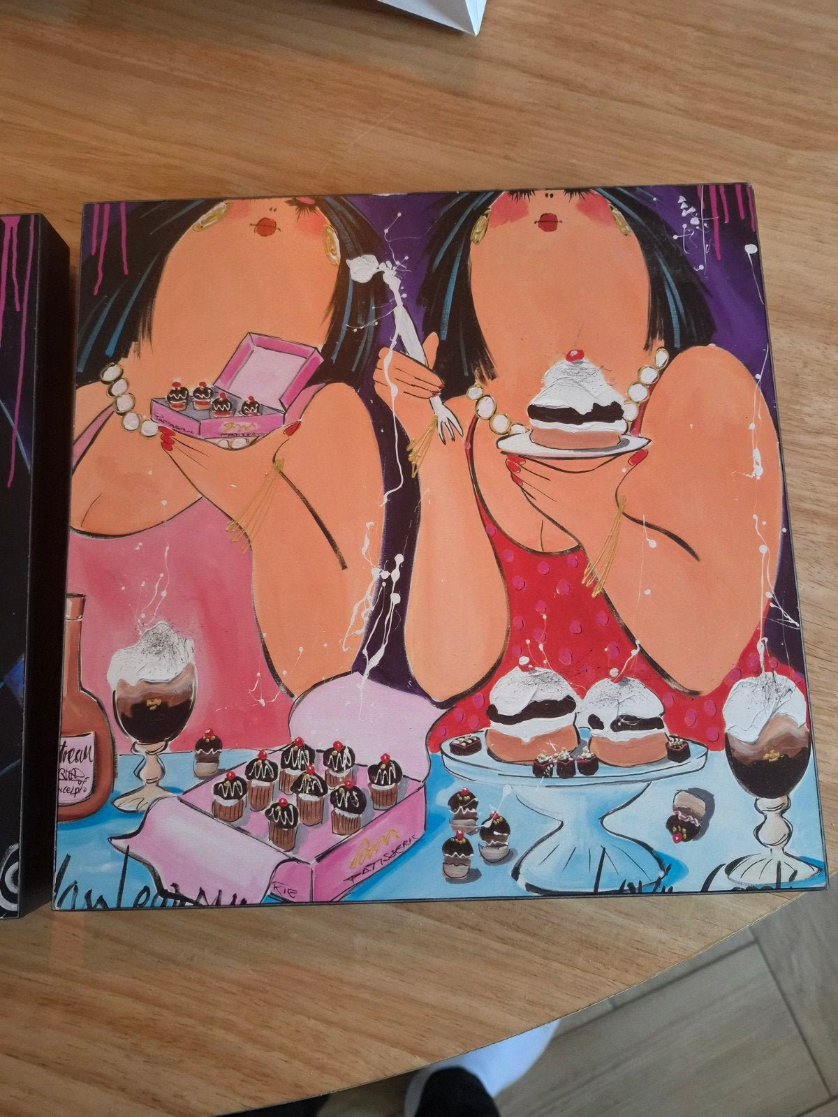 twee schilderijen van de dikke dames, Antiek en Kunst, Ophalen of Verzenden, Hout, Zeefdruk, Figuren