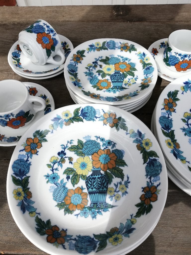 Vintage Pillivuyt Grand Feu, 4 pers. borden +3 kp schotel, Ophalen of Verzenden, Zo goed als nieuw, Bord(en), Overige stijlen