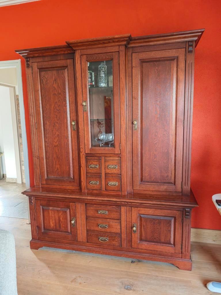 Massief kersenhouten buffetkast met vitrine en lades, Huis en Inrichting, Kasten | Buffetkasten, Ophalen, Gebruikt, Glas, 150 tot 200 cm