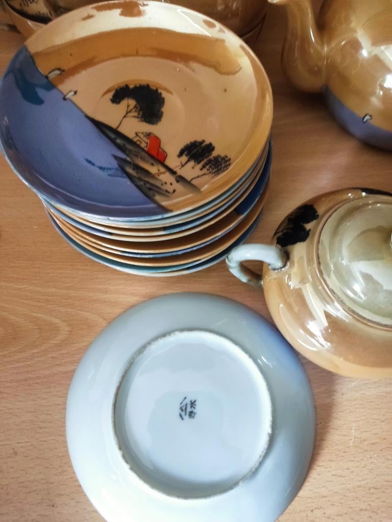 Vintage Japans theeservies met landschap decor, Antiek en Kunst, Ophalen