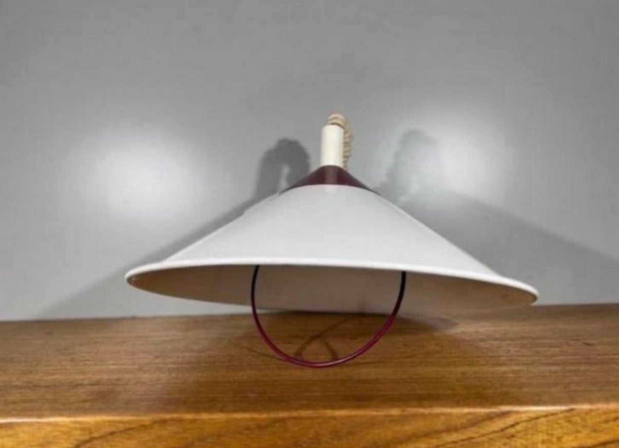 Vintage Space Age metalen wit bordeauxrode hanglamp.301, E27 (groot), Zo goed als nieuw, Metaal, Ophalen