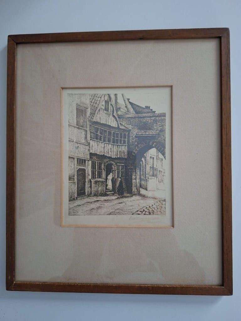 Tekening van boerderij met boom in houten lijst -, Antiek en Kunst, Ophalen of Verzenden, Overige stijlen, Tekening, Stads- / dorpsgezicht