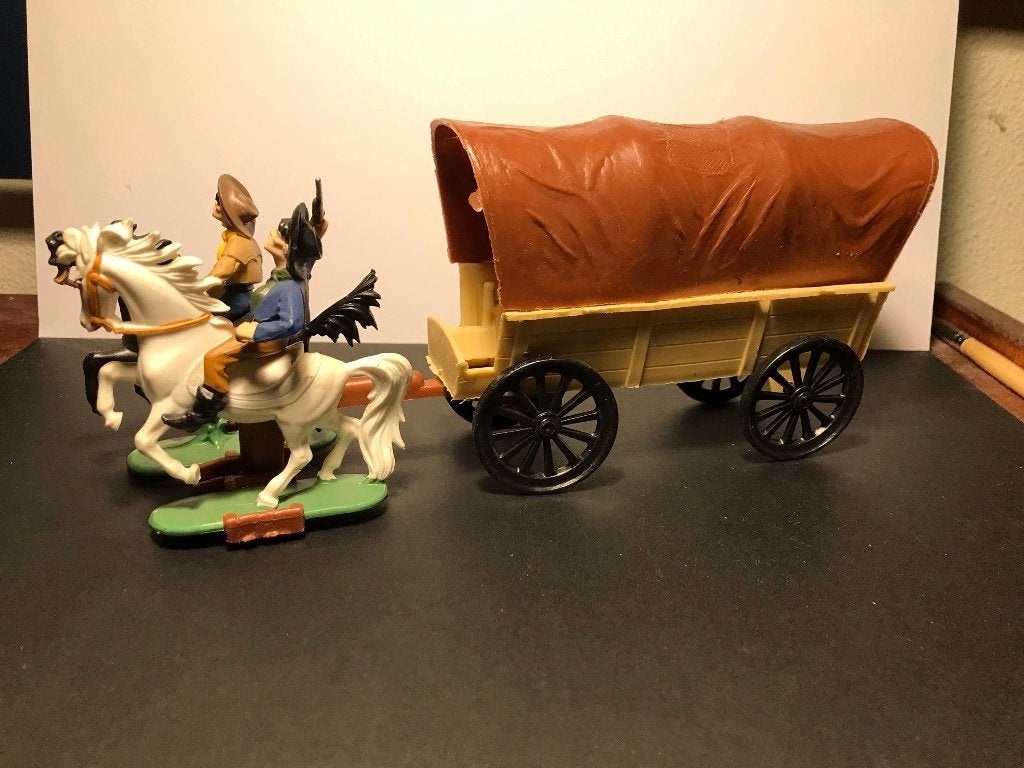 Vintage W. Germany huifkar met 2 paarden en cowboys, Verzamelen, Ophalen of Verzenden, Zo goed als nieuw