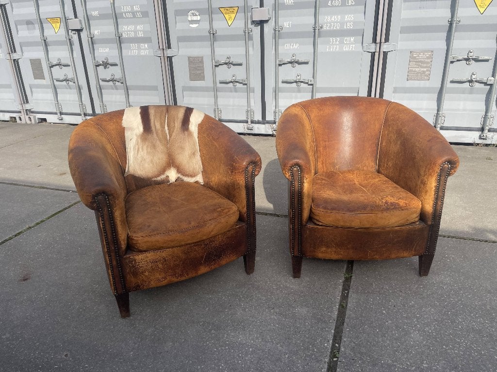 2 vintage Schapen leren Clubfauteuils, Huis en Inrichting, Ophalen, Gebruikt, 50 tot 75 cm, Clubfauteuille