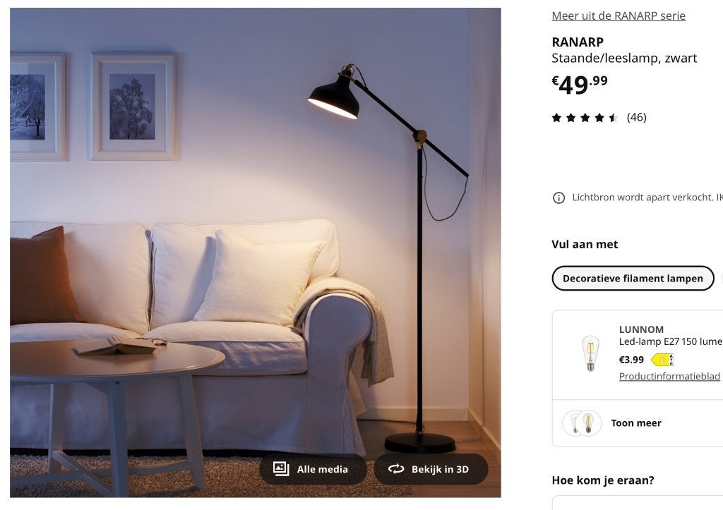 Staande lamp RANARP IKEA zwart zgan, Huis en Inrichting, Lampen | Vloerlampen, E27 (groot), Zo goed als nieuw, 150 tot 200 cm