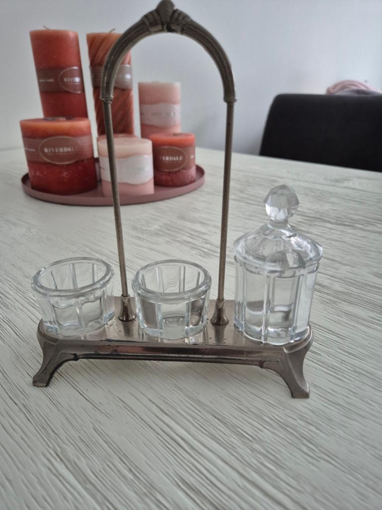 Vintage Zilverkleurige Olie & Azijn Stel met Glazen Potjes, Antiek en Kunst, Antiek | Glas en Kristal, Ophalen of Verzenden