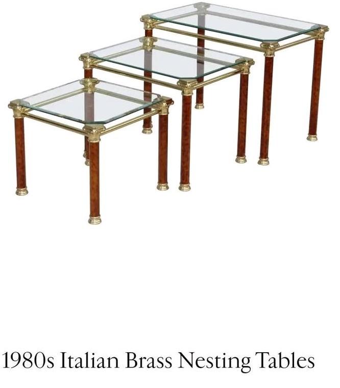 Italiaanse regency messing mimi set nesttafels jaren '80, Minder dan 55 cm, Gebruikt, Rond, Glas