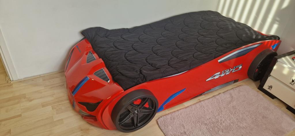 Kinderbed raceauto rood met verlichting en kleding- Gebruikt, 85 tot 100 cm, Gebruikt, 180 cm of meer, Ophalen