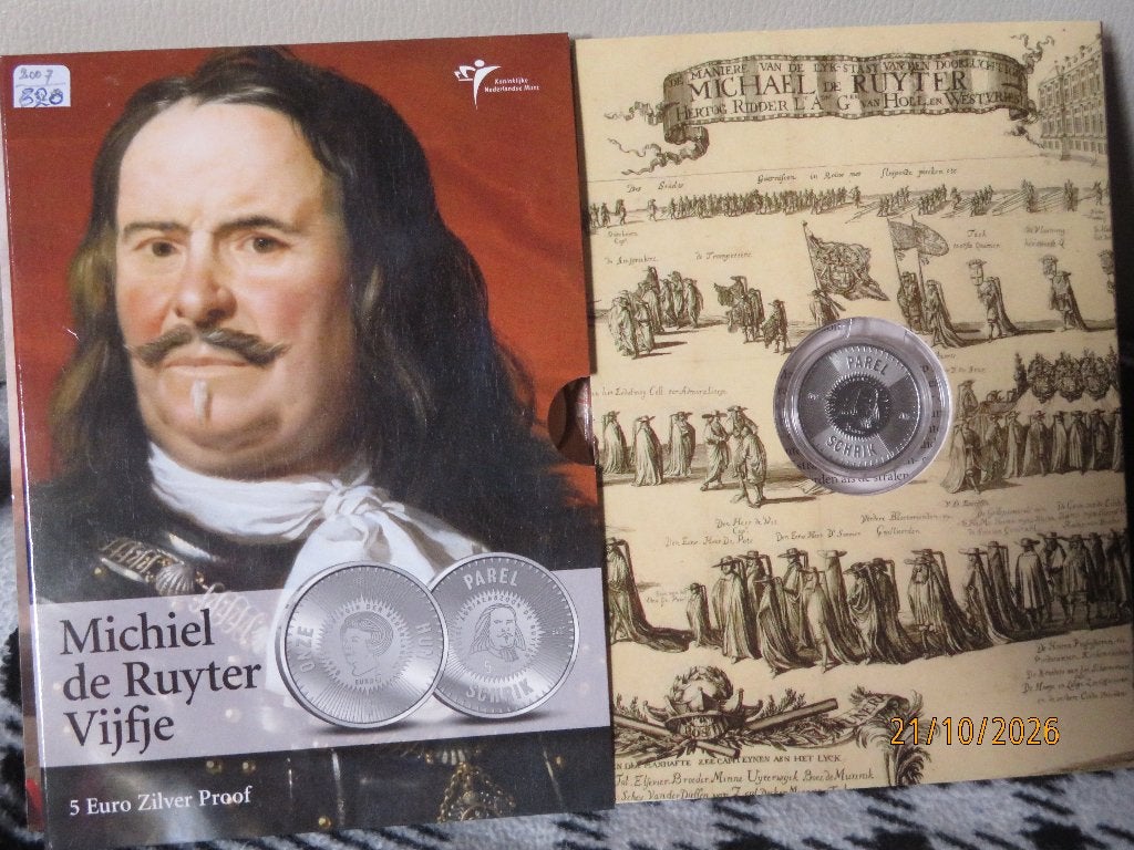 No.320- M.de Ruyter € 5,00 Proof 2007 Zilver munt, Koningin Beatrix, Zilver, Euro's, Ophalen of Verzenden