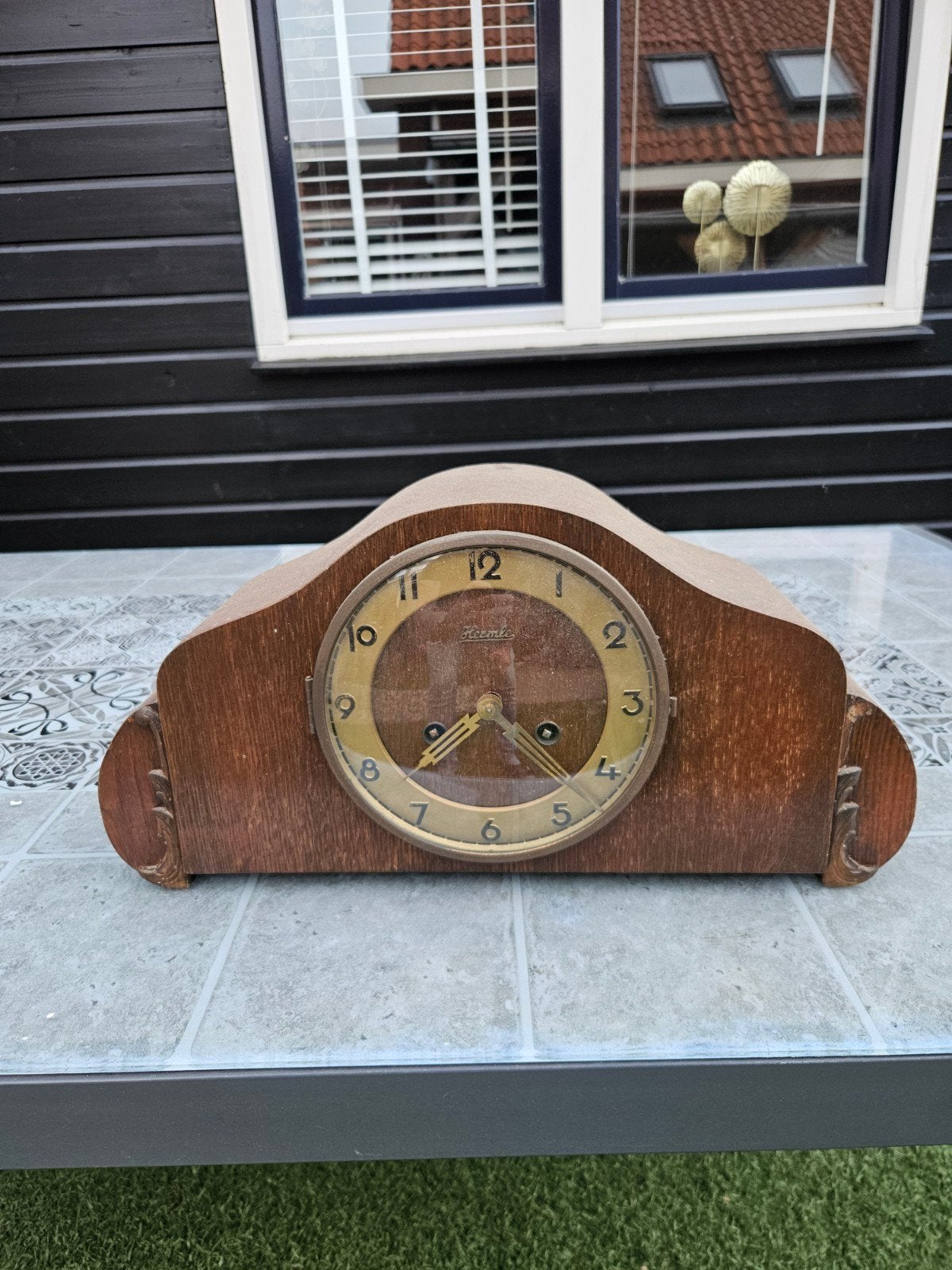 Antieke houten tafelklok - Hermle uurwerk, Ophalen of Verzenden