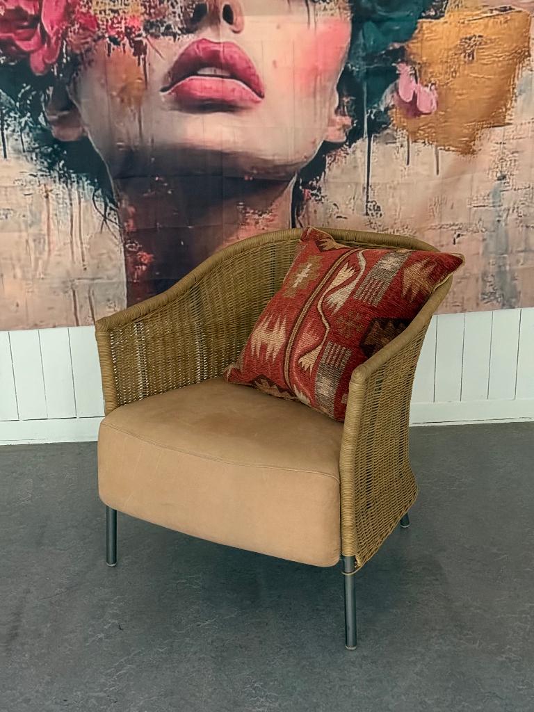 Design RVS- Naturel -Loom Fauteuil/ zitting in analine leder, Ophalen, Overige kleuren, Eén, Leer