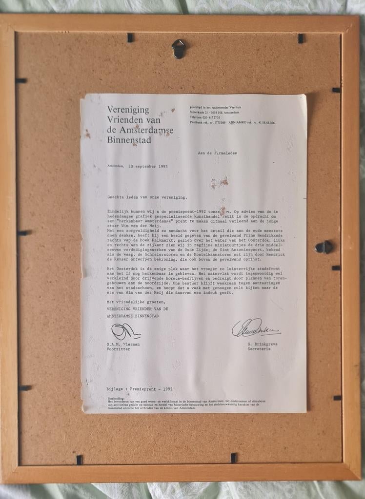 Wim van der Meij - Ets van Amsterdam (handgesigneerd), Antiek en Kunst, Stadsgezicht, 1950 - 1999, Ets, Ingelijst