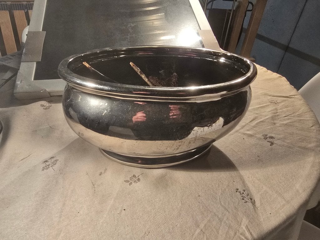 Grote metalen sierpot plantenbak op voet glanzend chroomlook, Tuin en Terras, Ophalen, Gebruikt, Rond, Metaal