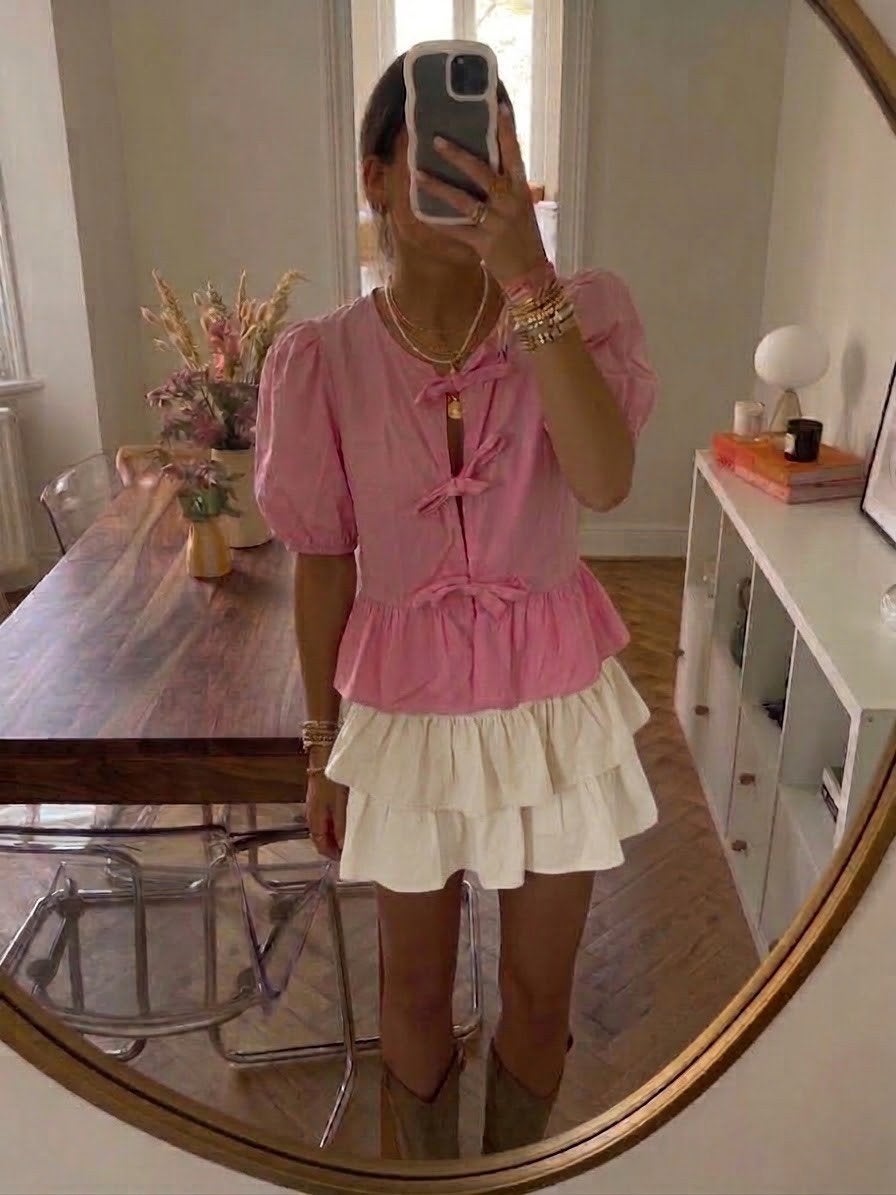 Stradivarius Roze Top met Pofmouwen en Strikjes, Ophalen of Verzenden, Zo goed als nieuw, Korte mouw, Roze