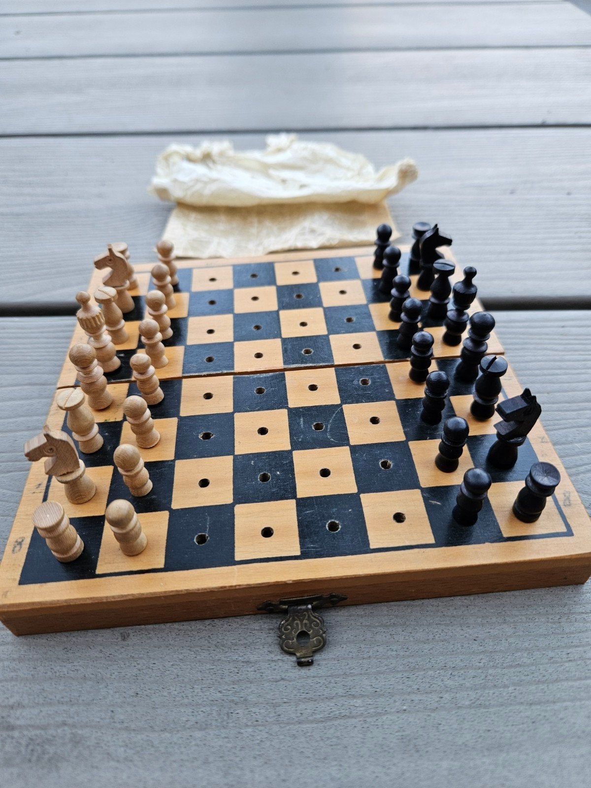 Vintage klein reis Schaakspel philos houten bord en stukken, Hobby en Vrije tijd, Een of twee spelers, Ophalen of Verzenden, Gebruikt