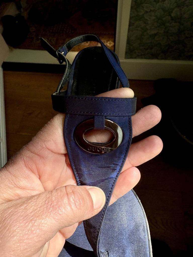 Vintage Gucci Satijn Sandalen -Tom Ford Era - Navy ZELDZAAM!, Ophalen, Blauw, Sandalen of Muiltjes, Gucci