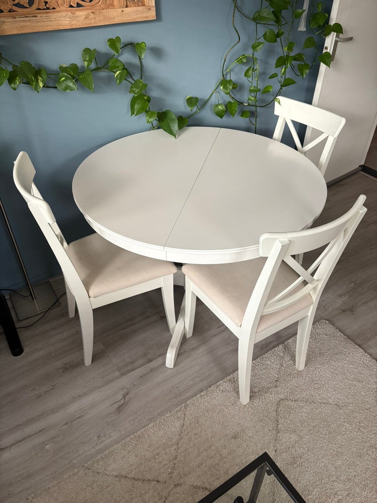 Uitschuifbare eettafel 4 stoelen, Ophalen, Gebruikt, Rond, 100 tot 150 cm
