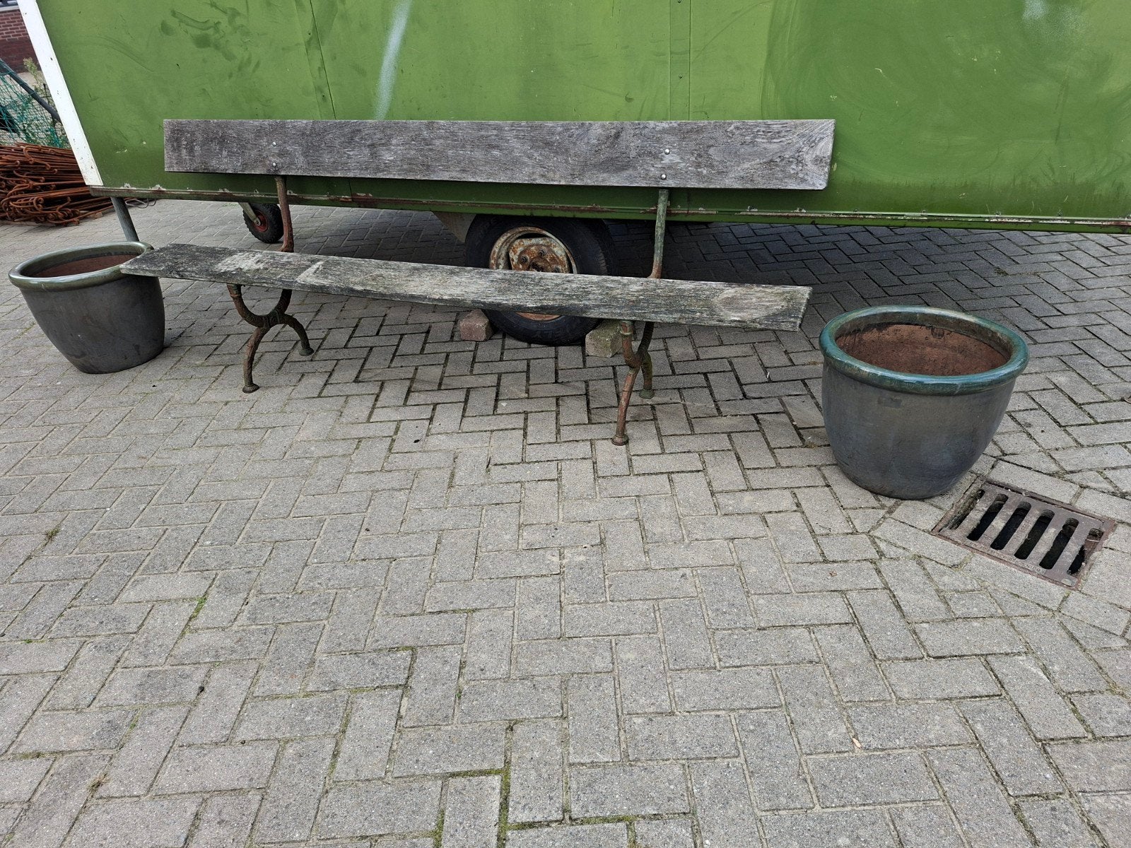 Vintage gietijzeren tuinbank 234cm met eiken zitting/leuning, Ophalen, Gebruikt, Metaal