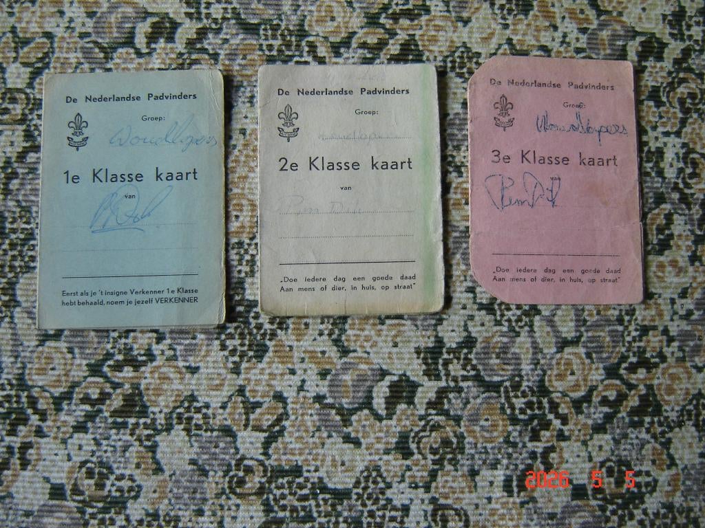 De Nederlandse Padvinders, 3 x Klasse kaart, begin jaren 60., Verzamelen, Scouting, Verzenden, Gebruikt, Overige typen