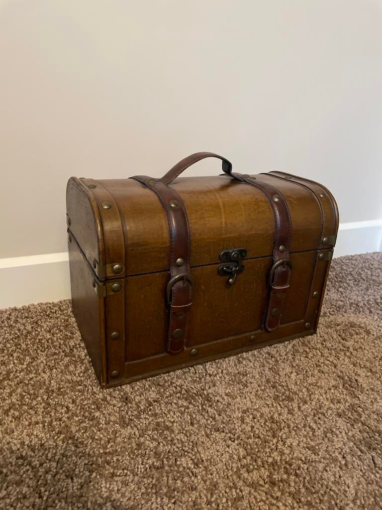 Decoratieve Houten Kist met Leren Details - 34x25x20 cm, Ophalen of Verzenden