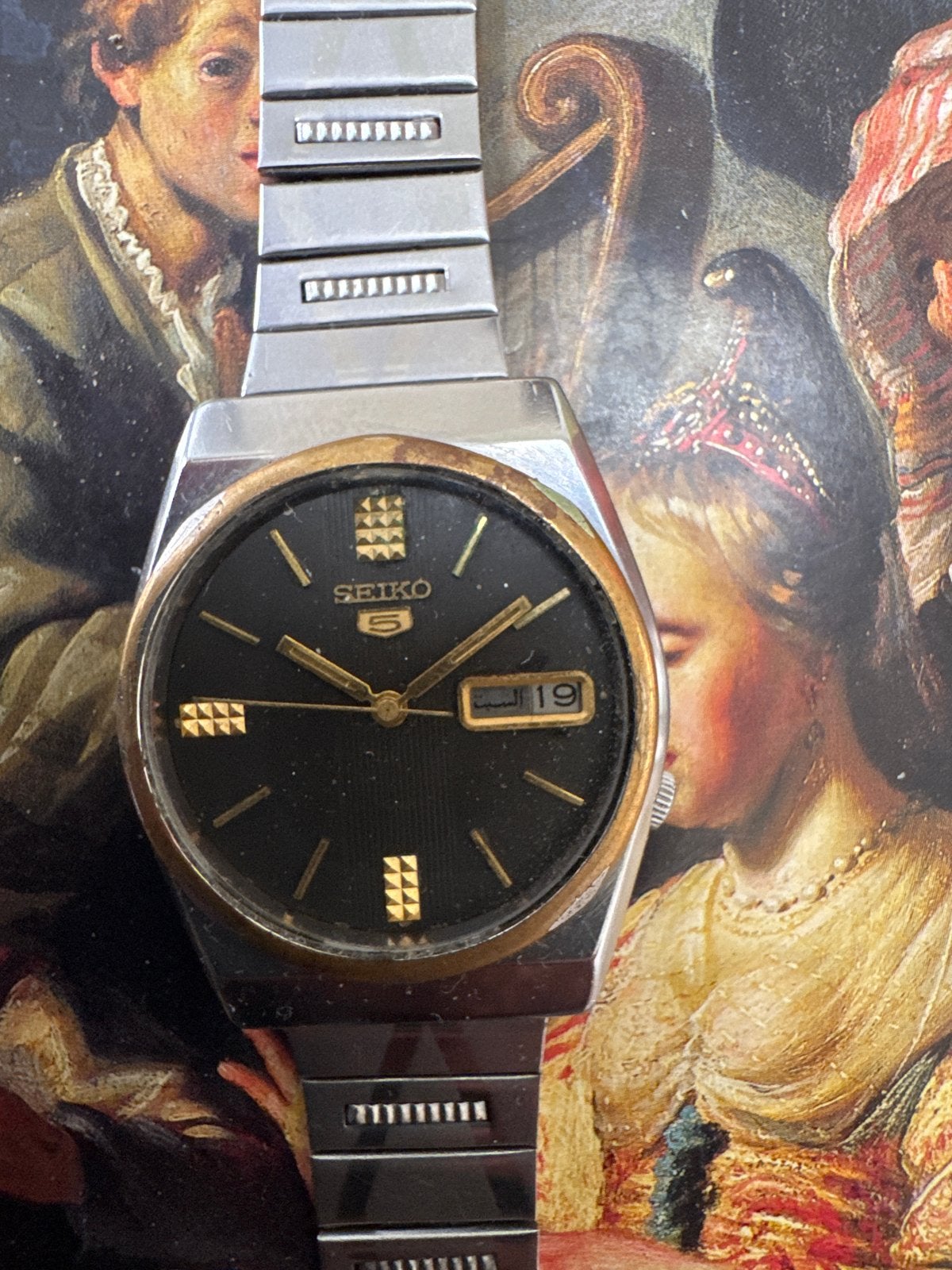 Vintage Seiko 5 Automaat Herenhorloge - Zwart/Goud, Ophalen of Verzenden