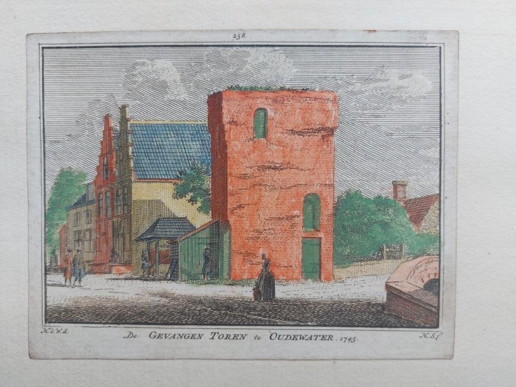 258/ De Gevangen Toren te Oudewater, Antiek en Kunst, Kunst | Etsen en Gravures, Ophalen of Verzenden