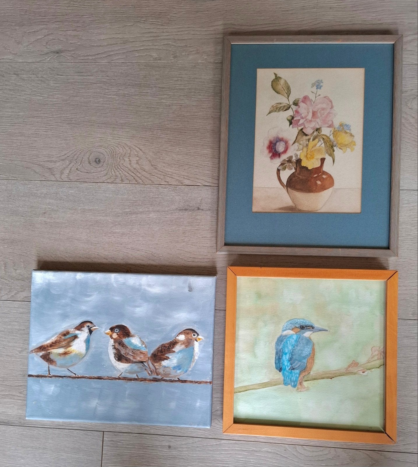 Schilderijtjes  3 stuks met Ijsvogel-mussen-planten, Huis en Inrichting, Woonaccessoires | Schilderijen, Tekeningen en Foto's