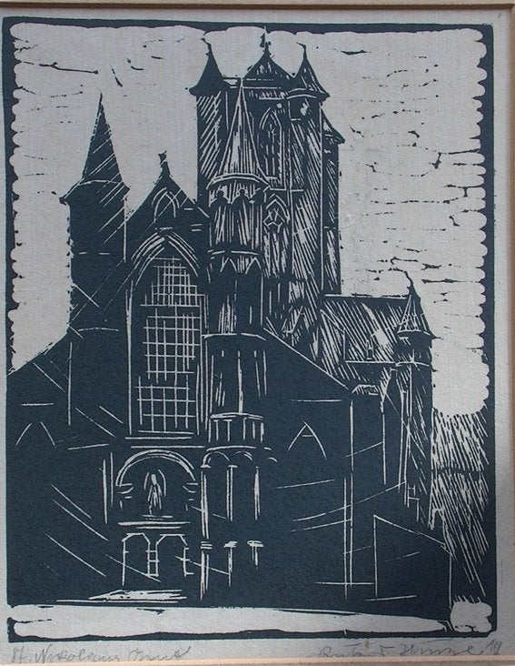 Houtsnede, Ophalen, Stadsgezicht, Houtsnede, Gesigneerd