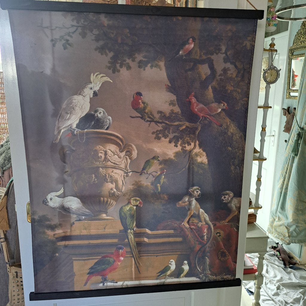 Landelijk/sober wandkleed met exotische vogels en apen, Ophalen, Meerkleurig, Textiel, Klassiek