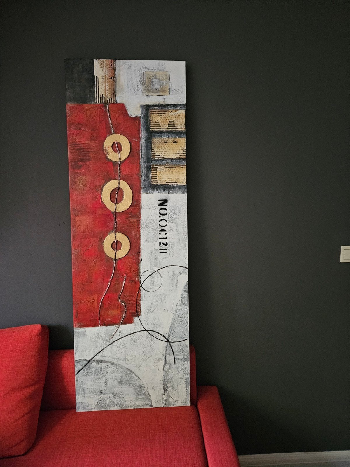 Abstract schilderij 50x150cm - Rood, wit, goud, Antiek en Kunst, Ophalen of Verzenden
