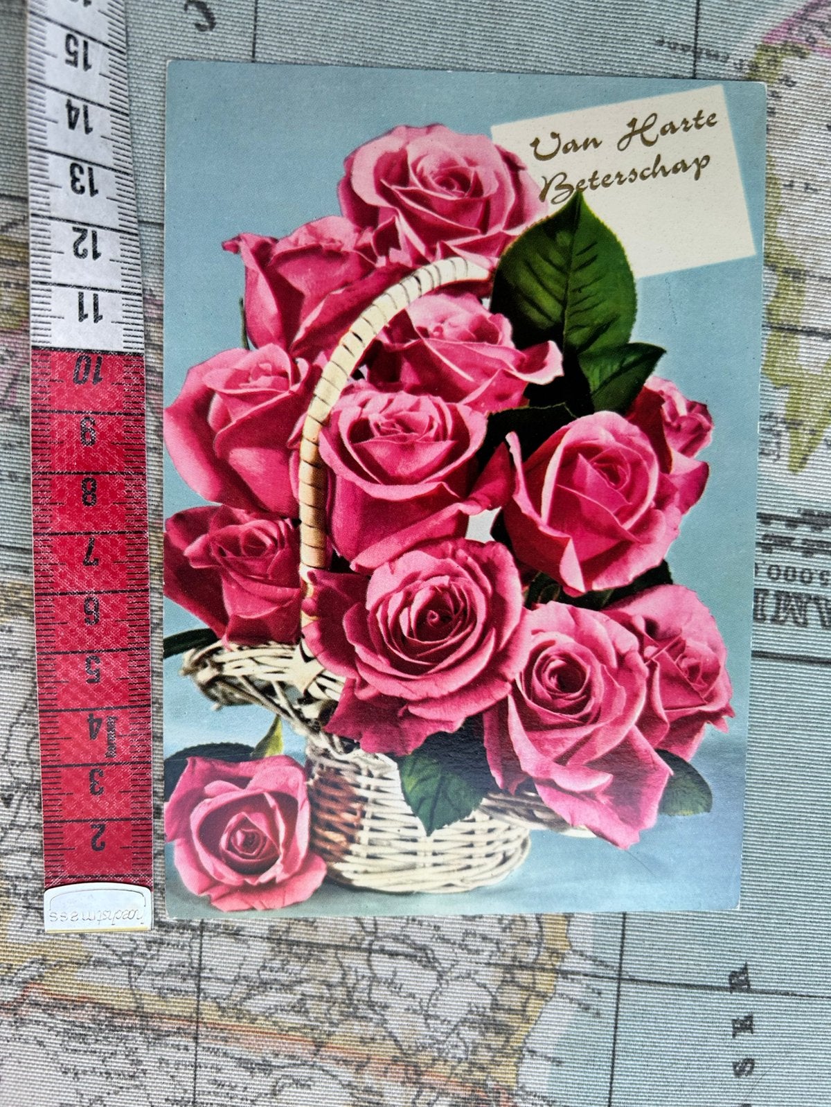 275. Vintage kaart mandje rozen, Verzamelen, Ophalen of Verzenden, Ongelopen