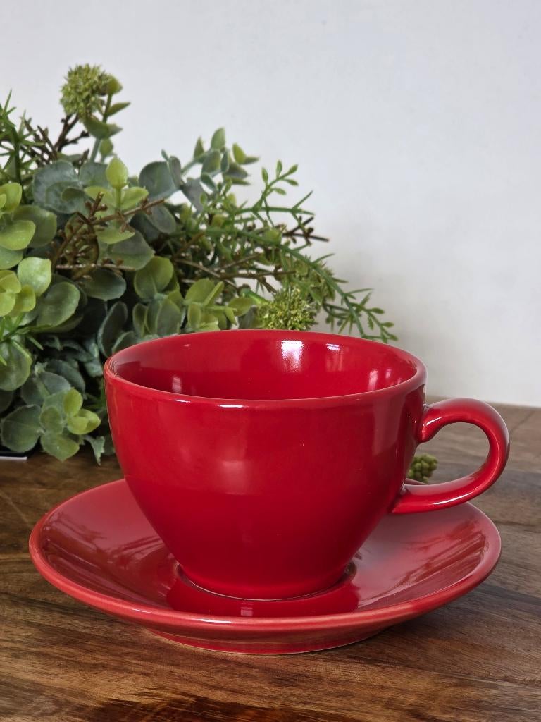 PT - Present Time rood kopje met schoteltje ️️☕️❤️, Overige materialen, Ophalen of Verzenden, Zo goed als nieuw, Overige stijlen