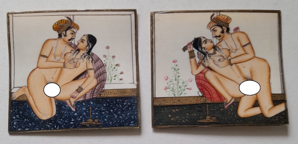 2 x India miniature erotic painting bone - Antiek ca. 1920, Verzenden
