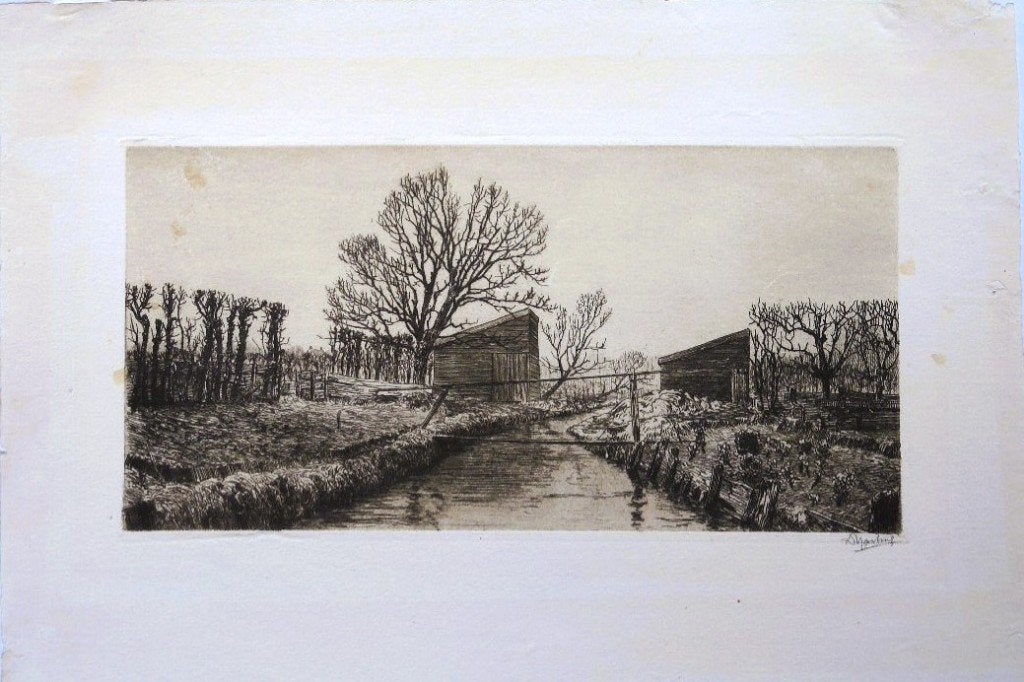 Dirk Harting ets "Sloot tussen twee Schuurtjes", gesigneerd, Antiek en Kunst, Kunst | Etsen en Gravures, Ophalen, Ets, Landschap