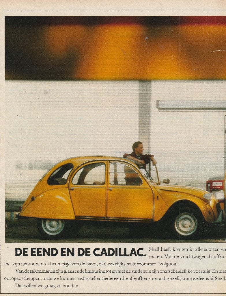 Retro reclame 1986 Shell voor auto Citroën 2CV & Cadillac, Verzamelen, Verzenden, Overige typen