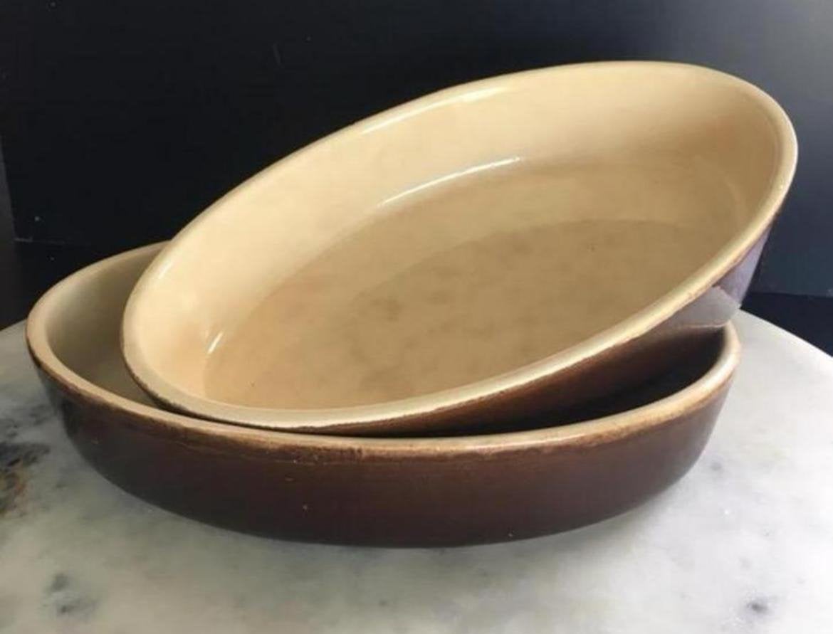 Vintage Franse Terracotta Ovenschalen 29/20/6 Set van 2, Ophalen, Overige typen, Natuurlijk materiaal, Zo goed als nieuw