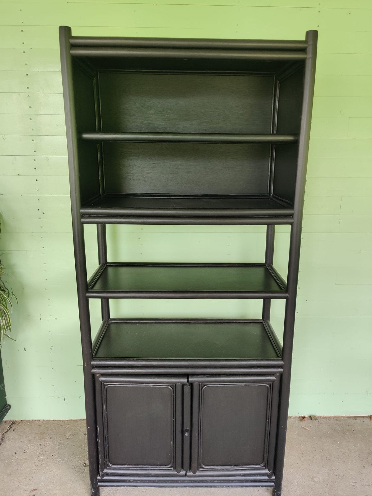 Zwart bamboe/rotan boekenkast en tv-meubel set, Ophalen, Gebruikt, 100 tot 150 cm, Met lade(s)