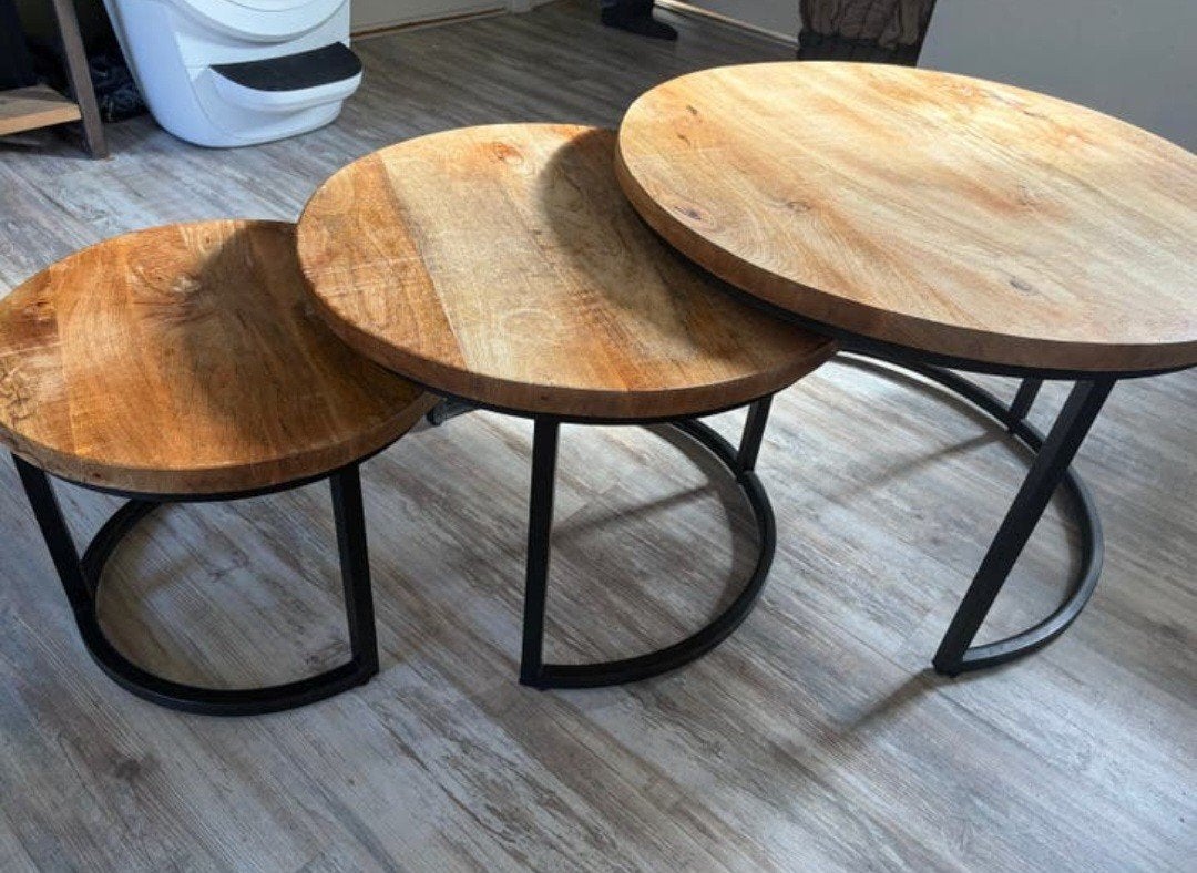 Salontafel mangohout/staal - 3 stuks, Huis en Inrichting, Tafels | Salontafels, Ophalen, 50 tot 100 cm, Rond, 50 tot 100 cm