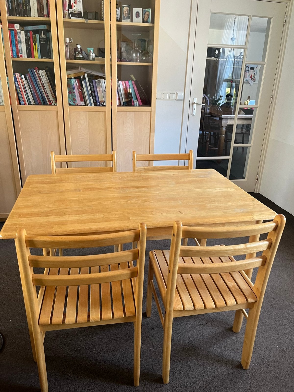 Eetkamerset: Houten Tafel (120x75 cm) met 4 Stoelen, Ophalen, Gebruikt, 100 tot 150 cm, 50 tot 100 cm