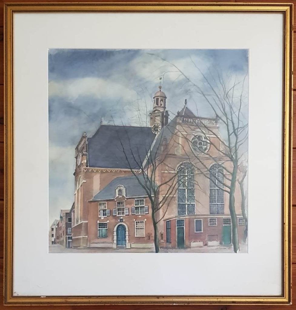 Jac Jessurun(1918)Gouache Aquarel"Kerk te Amsterdam" Ges Ged, Antiek en Kunst, Kunst | Schilderijen | Klassiek, Nederlandse school