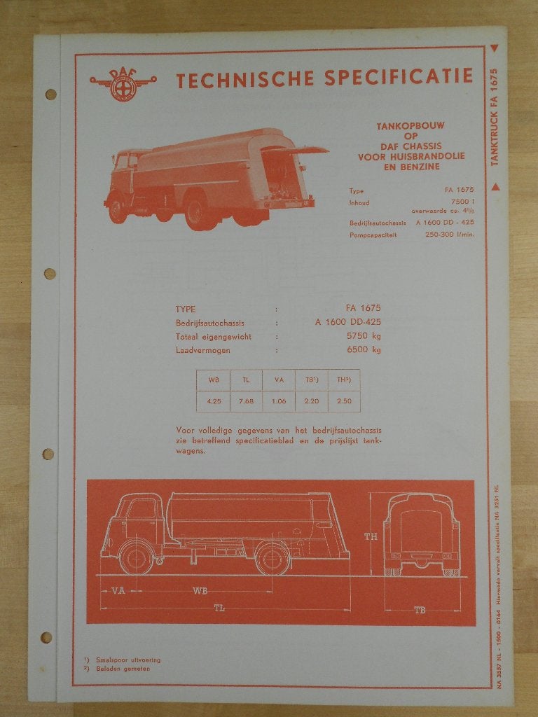 DAF A1600 Tankauto Technische Brochure 1964 Kikker 1600, Ophalen of Verzenden, Zo goed als nieuw, Overige merken, DAF