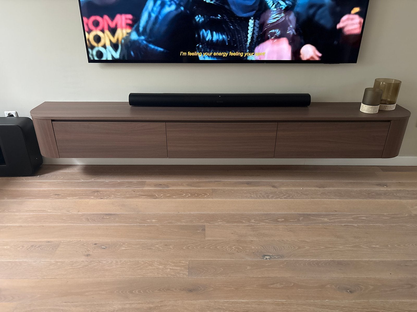 Zwevend TV-meubel met 3 lades - Modern design waltnoot bruin, Ophalen, Zo goed als nieuw, 200 cm of meer, Minder dan 100 cm