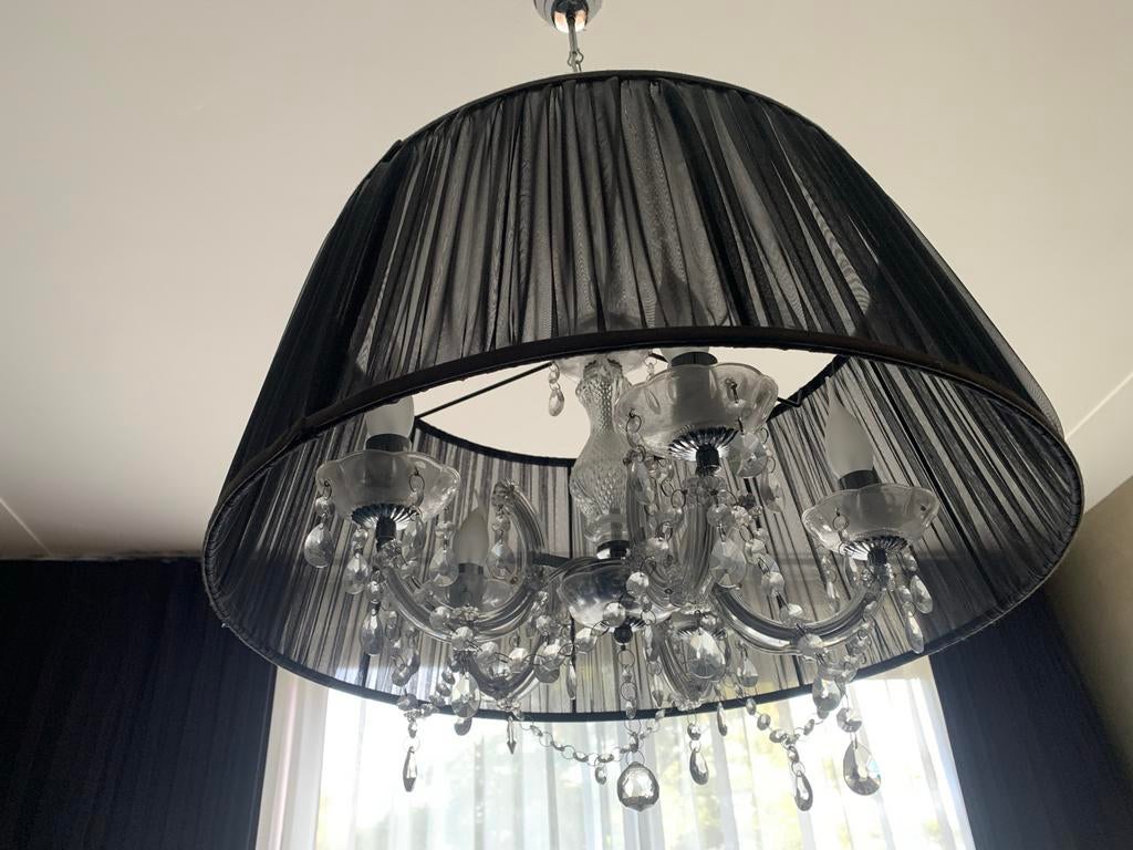 Elegante Kroonluchter met Zwarte Organza Kap, Ophalen of Verzenden, Zo goed als nieuw, Glas