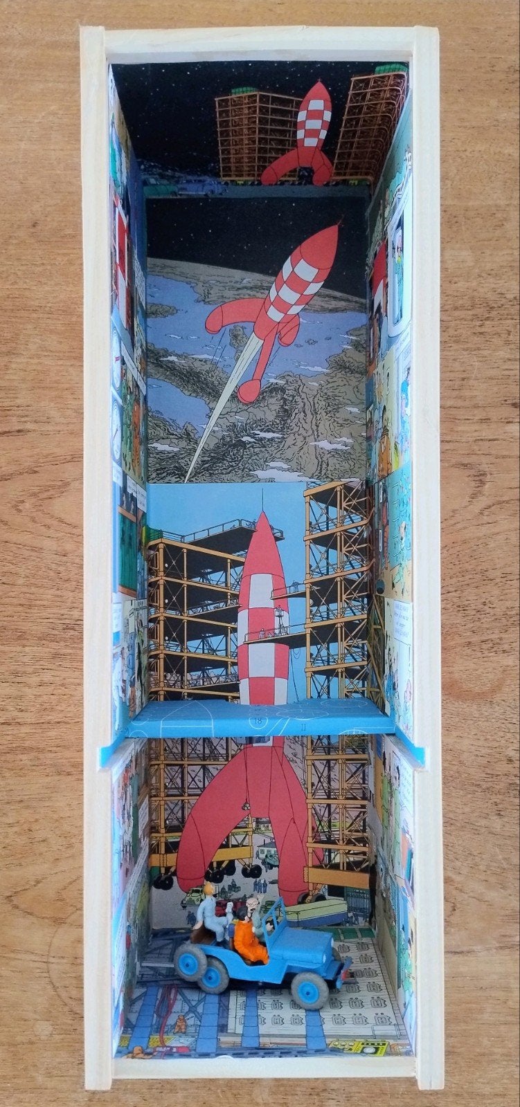 Unieke Kuifje diorama in wijnkist; Kuifje Raket naar de maan, Verzamelen, Ophalen of Verzenden, Gebruikt