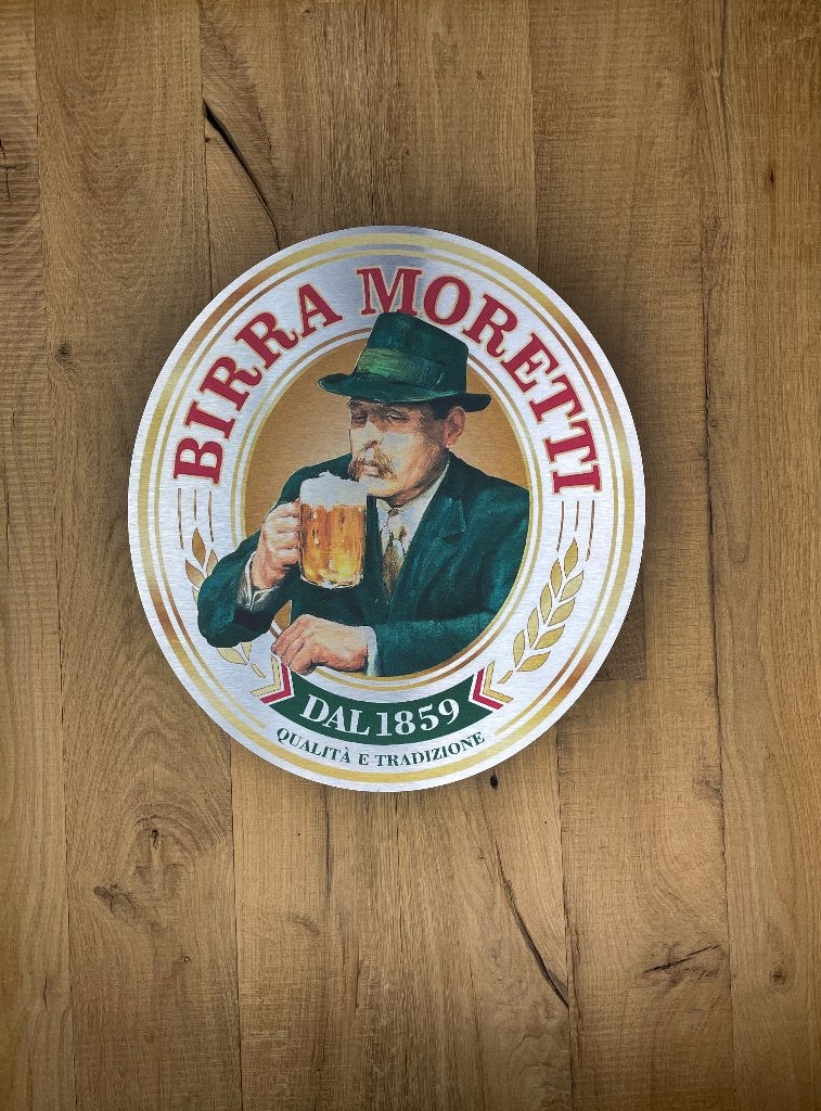 Reclamebord Birra Moretti bier aluminium, afmeting 40x45cm, Ophalen of Verzenden, Nieuw, Reclamebord, Plaat of Schild, Overige merken