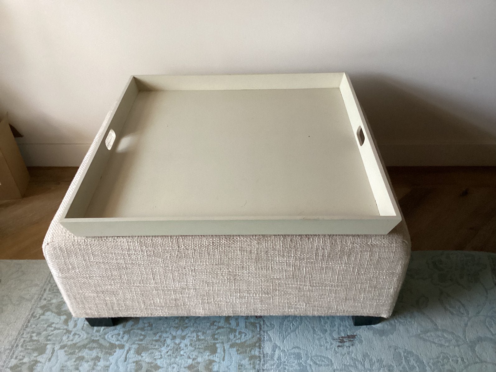 Grote Salontafel,witte stof ,houten afneembaar serveerblad, Ophalen, Zo goed als nieuw, Vierkant, 50 tot 100 cm