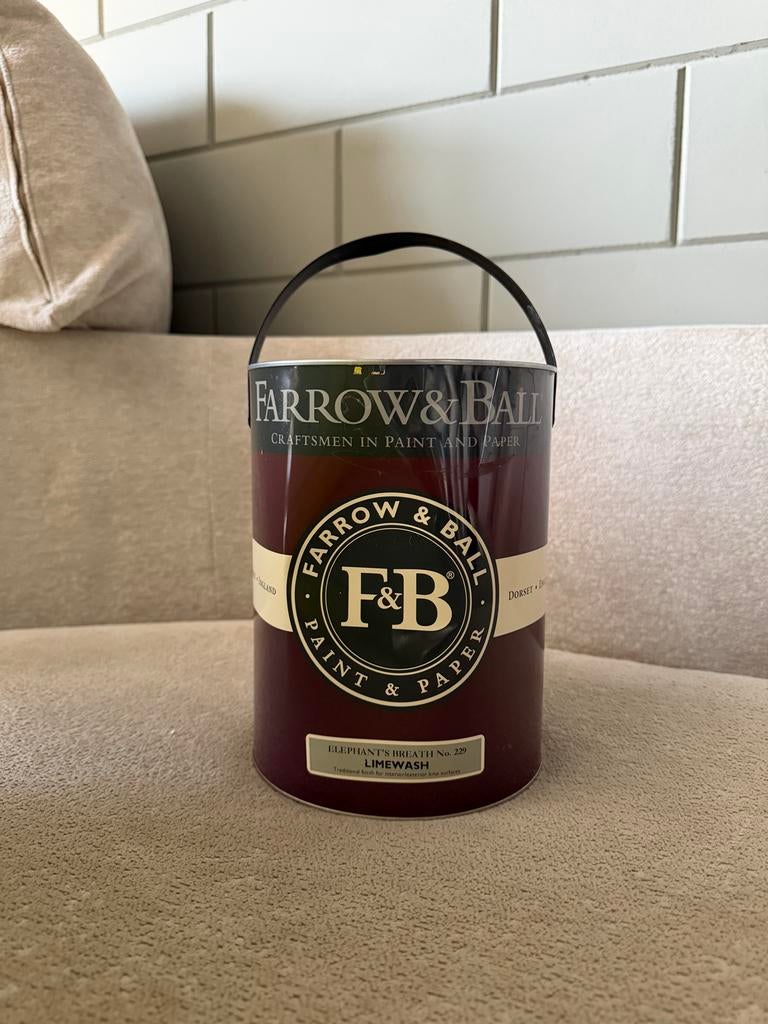 Farrow & Ball Lime Wash Verf - Elephant's Breath - 5L, 5 tot 10 liter, Beige, Ophalen of Verzenden, Verf
