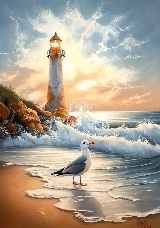 50x40cm Diamond Painting vuurtoren zee (rond) nr 74, Zee en Strand, Nieuw, Meerkleurig, Ophalen of Verzenden